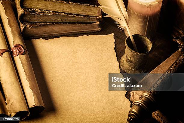 Blank Parchment Stock Photo - Download Image Now - Paper Scroll, Parchment, Quill Pen
