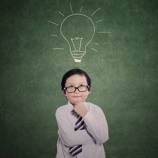 istock Business boy thinking on drawn lamp background 474883140