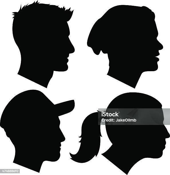 Young Adult Profile Silhouettes 2 Stock Illustration - Download Image Now - Women, Black And White, Females