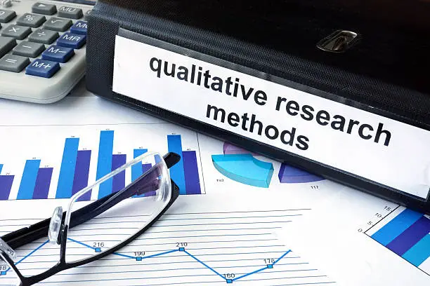 File folder with words   qualitative research methods and financial graphs. Business concept