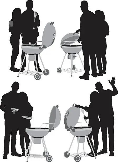 Vector illustration of Couple preparing food over barbecue
