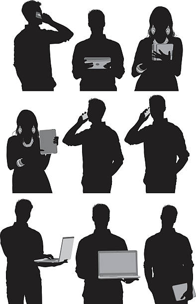 Casual people using technology Casual people using technologyhttp://www.twodozendesign.info/i/1.png computer silhouettes stock illustrations