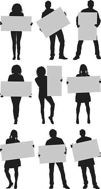 Casual people with placard Casual people with placardhttp://www.twodozendesign.info/i/1.png no cell phone use sign silhouette stock illustrations