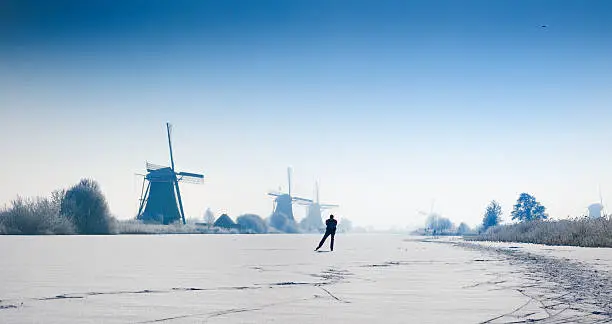 ice-skating man near the traditional windmills at Kinderdijk in snowy landscape at a clear sky in The Netherlands