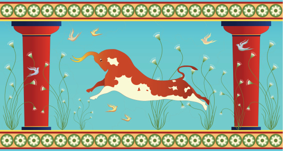 Minoan Leaping Bull with Birds Illustration