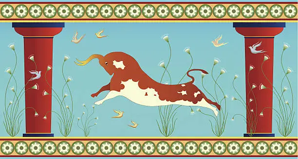 Vector illustration of Minoan Leaping Bull with Birds Illustration