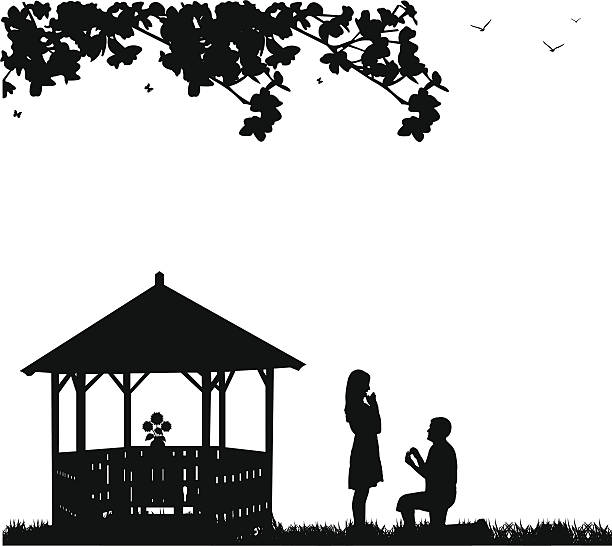 stockillustraties, clipart, cartoons en iconen met romantic proposal in park or garden under the branches - wedding back