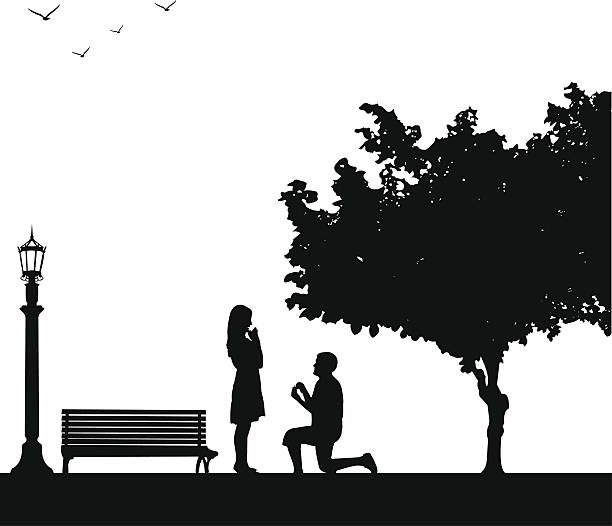 stockillustraties, clipart, cartoons en iconen met romantic proposal in park under the tree - wedding back