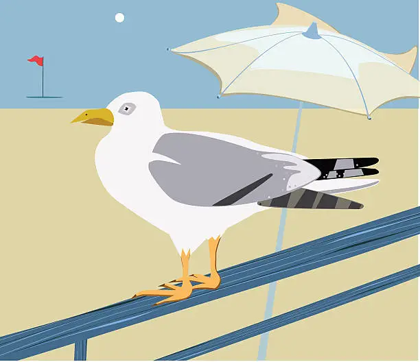 Vector illustration of Seagull standing on a blue  wooden crossbar