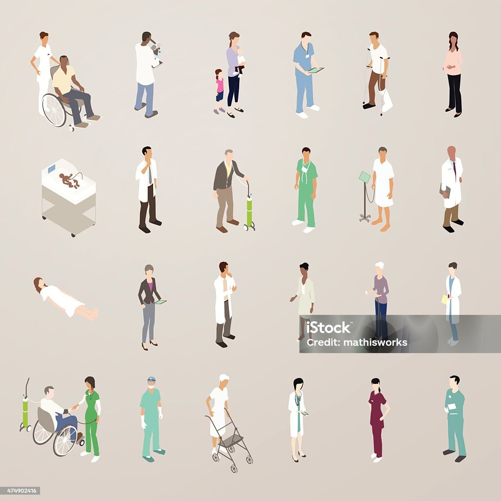 Doctors and Patients - Flat Icons Illustration This detailed set of 24 icons is illustrated in a flat vector style. Healthcare professionals and patients include: a caretaker with a man in a wheelchair; lab technicians in white coats (with microscope and test tube); a mother with her small children; a man wearing scrubs looking at a tablet computer; a man with a cast on his leg and crutches; a pregnant woman; a newborn baby; men and women in lab coats; a senior man with an oxygen tank; surgeons with masks on and off; a patient in a hospital gown with a diagnostic screen; a patient laying down; hospital administrators and insurers wearing suits; an elderly woman holding prescription medication; a man in a wheelchair and a nurse taking his blood pressure; and a senior woman with a walker. Isometric Projection stock vector