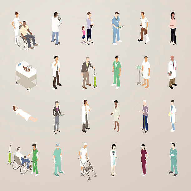 Doctors and Patients - Flat Icons Illustration This detailed set of 24 icons is illustrated in a flat vector style. Healthcare professionals and patients include: a caretaker with a man in a wheelchair; lab technicians in white coats (with microscope and test tube); a mother with her small children; a man wearing scrubs looking at a tablet computer; a man with a cast on his leg and crutches; a pregnant woman; a newborn baby; men and women in lab coats; a senior man with an oxygen tank; surgeons with masks on and off; a patient in a hospital gown with a diagnostic screen; a patient laying down; hospital administrators and insurers wearing suits; an elderly woman holding prescription medication; a man in a wheelchair and a nurse taking his blood pressure; and a senior woman with a walker. oxygen tank stock illustrations