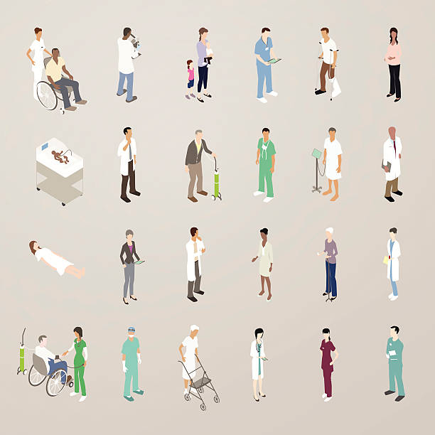 Doctors and Patients - Flat Icons Illustration This detailed set of 24 icons is illustrated in a flat vector style. Healthcare professionals and patients include: a caretaker with a man in a wheelchair; lab technicians in white coats (with microscope and test tube); a mother with her small children; a man wearing scrubs looking at a tablet computer; a man with a cast on his leg and crutches; a pregnant woman; a newborn baby; men and women in lab coats; a senior man with an oxygen tank; surgeons with masks on and off; a patient in a hospital gown with a diagnostic screen; a patient laying down; hospital administrators and insurers wearing suits; an elderly woman holding prescription medication; a man in a wheelchair and a nurse taking his blood pressure; and a senior woman with a walker. person oxygen tank stock illustrations