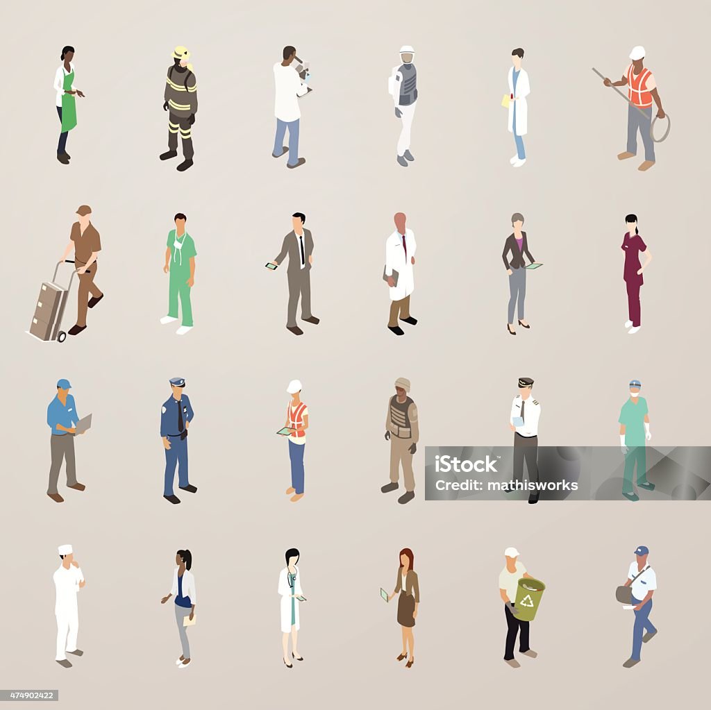 People at Work - Flat Icons Illustration This detailed set of 24 icons is illustrated in a flat vector style. People wear uniforms or are dressed for work, including: a barista (or a waitress/cashier); firefighter in full gear; scientist with microscope; astronaut in space suit; lab technician with blood sample; construction worker in hardhat and orange vest; a delivery man with hand truck and boxes; a dentist with mask removed; a business man presenting his phone; a doctor in white coat; business women with tablet computers; a nurse; a machinist or mechanic with laptop; a police officer; a female construction worker with tablet; a soldier in combat gear; a pilot in uniform; a surgeon with mask; a chef; a young office worker; a female doctor; a sanitation worker holding a recycling bucket; and a postal carrier/postman/mail man. Isometric Projection stock vector