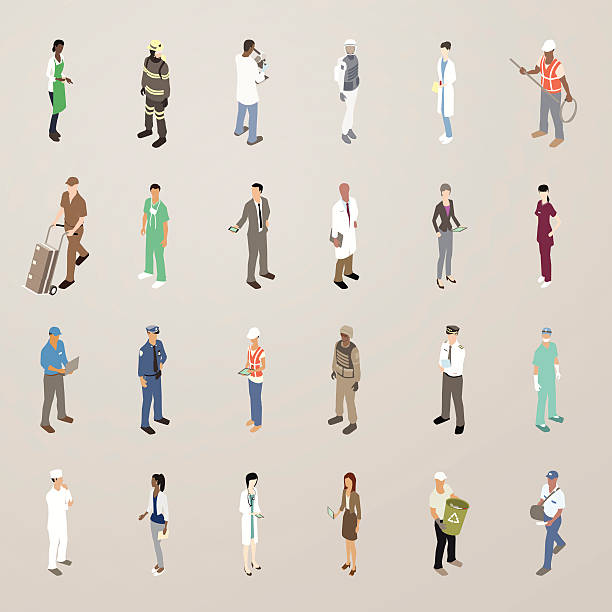People at Work - Flat Icons Illustration This detailed set of 24 icons is illustrated in a flat vector style. People wear uniforms or are dressed for work, including: a barista (or a waitress/cashier); firefighter in full gear; scientist with microscope; astronaut in space suit; lab technician with blood sample; construction worker in hardhat and orange vest; a delivery man with hand truck and boxes; a dentist with mask removed; a business man presenting his phone; a doctor in white coat; business women with tablet computers; a nurse; a machinist or mechanic with laptop; a police officer; a female construction worker with tablet; a soldier in combat gear; a pilot in uniform; a surgeon with mask; a chef; a young office worker; a female doctor; a sanitation worker holding a recycling bucket; and a postal carrier/postman/mail man. construction worker illustrations stock illustrations