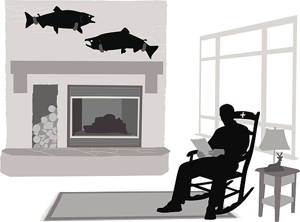 Fishing Trophies A vector silhouette illustration of a lonely man reading the paper sitting in his rocking chair in his living room.  Also in the room is a fireplace and firewood, salmon on display on the mantle, a rug oin the floor, and an end table with a lamp. old man in rocking chair silhouette stock illustrations