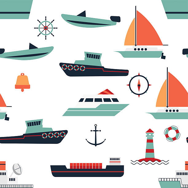 pattern of ships and boats pattern of ships and boats. Includes liner, yacht, boat, barge, and minor elements, bell, leather lighthouse lighthouse drawings stock illustrations