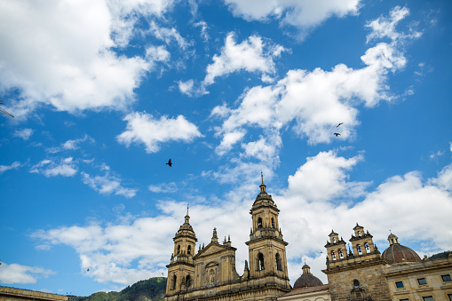 A few birds fly in the blue sky over the national cathedral in Bogota, Colombia