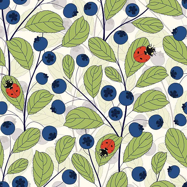 Vector illustration of whortleberries and ladybirds