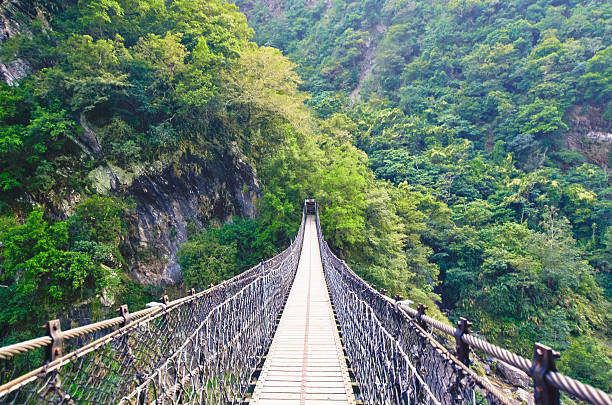 Taiwan - Jul 07, 2024: Enjoy the tranquility and stunning views of Taiping Suspension Bridge in Chiayi on a clear summer day, with the thrill of the swaying bridge and panoramic scenery.