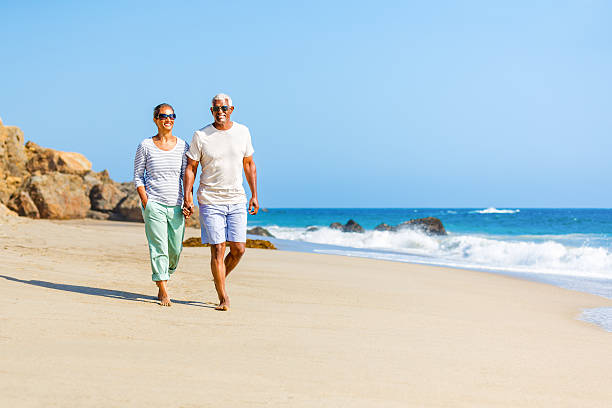 istock Senior African American couple walking on beach 474920492