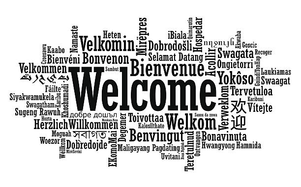 vektor-illustration von multilanguage willkommen cloud - schlagwortwolke stock-grafiken, -clipart, -cartoons und -symbole