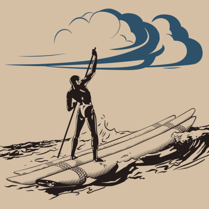 Aborigine on raft floating on ocean waves vector illustration
