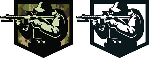 Emblem of a soldier Soldier emblem (one and multi color variants). Mam shooting with .automatic rifle. sniper stock illustrations