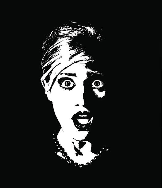 Retro Style illustration of a terrified woman. Silhouette Retro Style illustration of a terrified woman. Black and white. Silhouette. Black background mystery illustrations stock illustrations