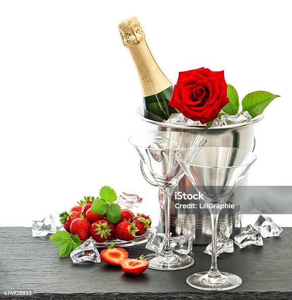 Festive Arrangement With Champagne Red Rose And Strawberries Stock Photo - Download Image Now