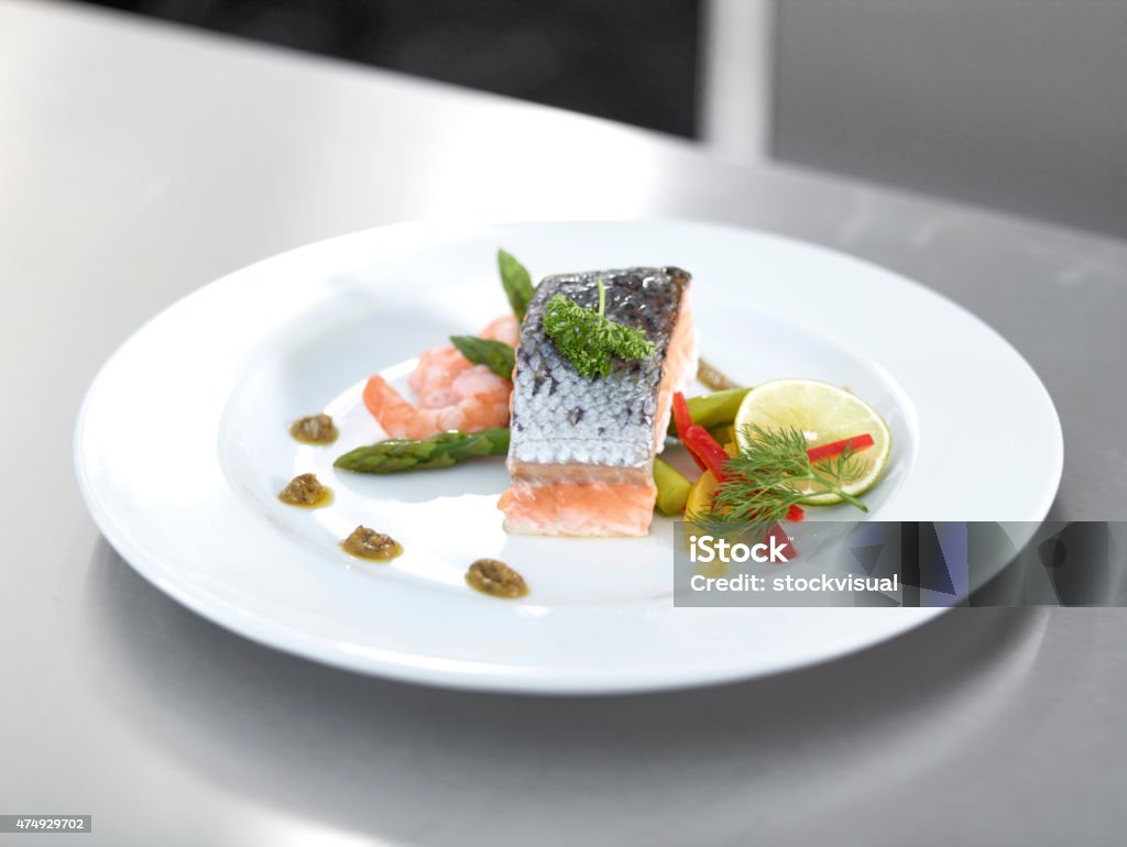 Close up of plate of fresh salmon Salmon plate. Ready to eat. 2015 Stock Photo