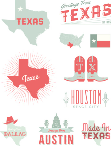 A set of vintage-style icons and typography representing the state of Texas, including Austin, Houston and Dallas. Each items is on a separate layer. Includes a layered Photoshop document. Ideal for both print and web elements.