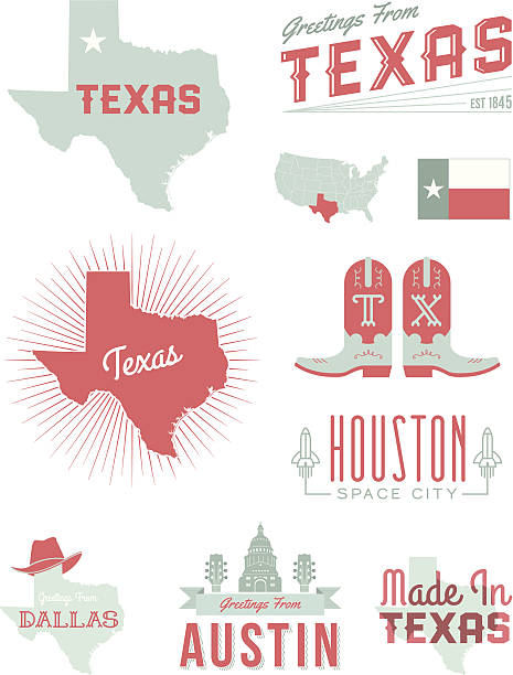 Texas Typography A set of vintage-style icons and typography representing the state of Texas, including Austin, Houston and Dallas. Each items is on a separate layer. Includes a layered Photoshop document. Ideal for both print and web elements. texas illustrations stock illustrations