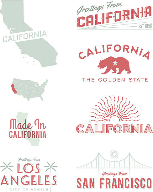 California Typography A set of vintage-style icons and typography representing the state of California, including San Francisco and Los Angeles. Each items is on a separate layer. Includes a layered Photoshop document. Ideal for both print and web elements. symbols of california stock illustrations
