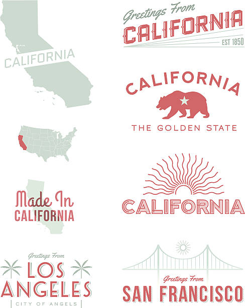 California Typography A set of vintage-style icons and typography representing the state of California, including San Francisco and Los Angeles. Each items is on a separate layer. Includes a layered Photoshop document. Ideal for both print and web elements. bear stock illustrations