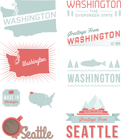 A set of vintage-style icons and typography representing the state of Washington, including Seattle. Each items is on a separate layer. Includes a layered Photoshop document. Ideal for both print and web elements.