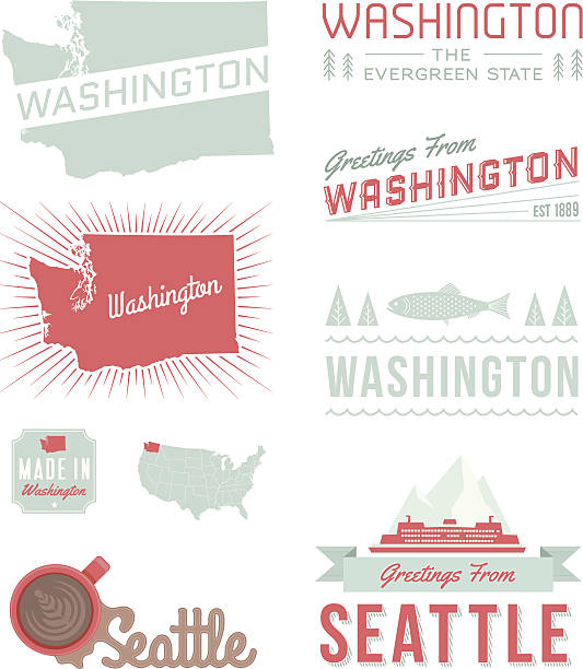 Washington Typography A set of vintage-style icons and typography representing the state of Washington, including Seattle. Each items is on a separate layer. Includes a layered Photoshop document. Ideal for both print and web elements. mt rainier stock illustrations