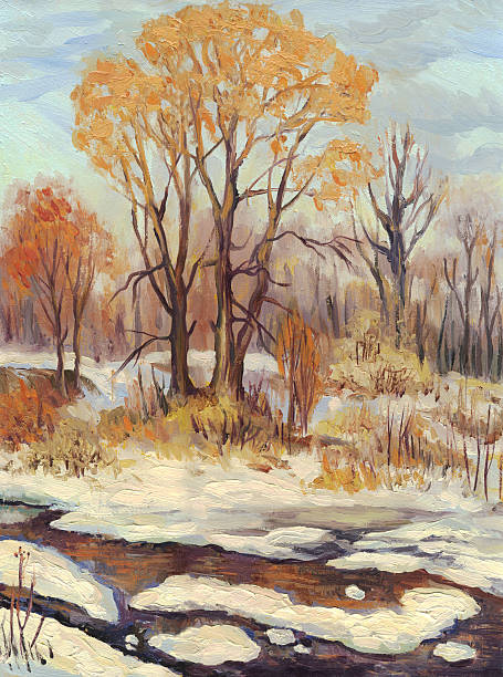 весенний пейзаж, лед на реке, масляная живопись - winter river stock illustrations