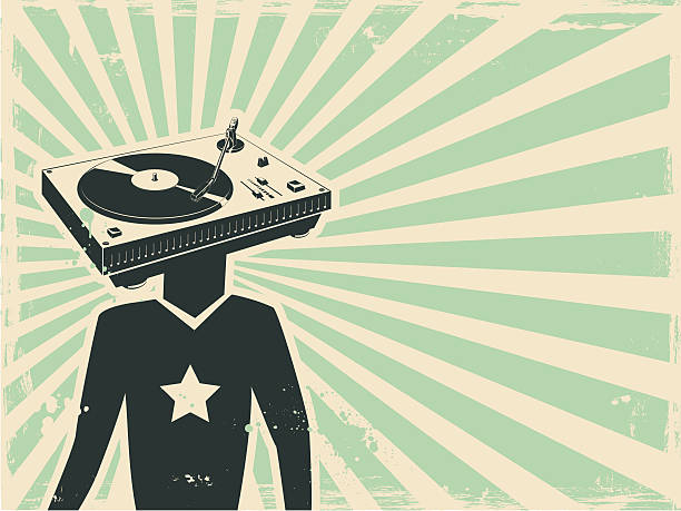 Dj Turntablehead man and the grunge background. synthpop stock illustrations