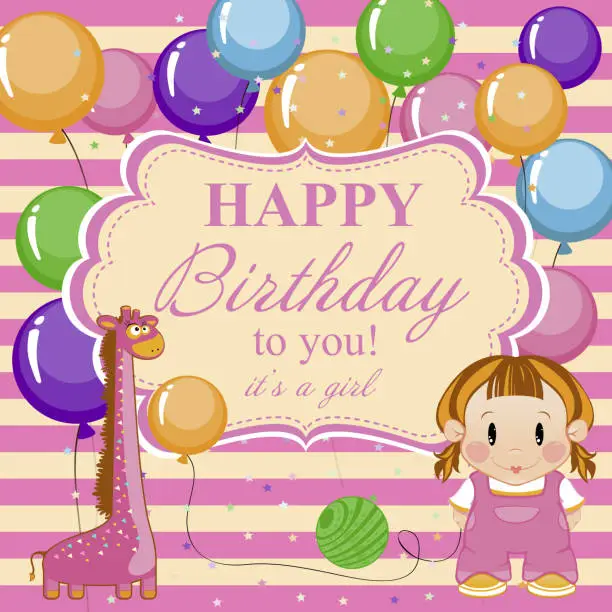 Vector illustration of Greeting card for baby girl a happy Birthday.