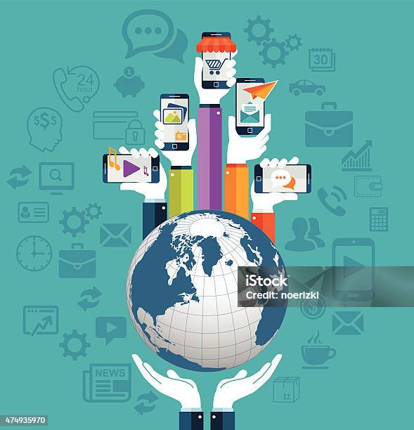 Human Hands Holding Earth With Apps Concept Stock Illustration - Download Image Now - Globe - Navigational Equipment, Circle, Multiracial Group