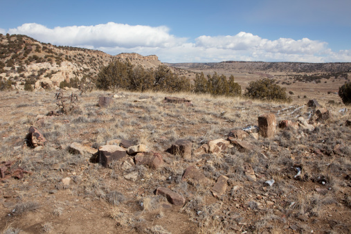 An Apishapa stone circle, part of a 700 to 800 year old Native American dwelling stands in the Picket Wire Canyonlands along the Purgatoire River in the Comanche National Grasslands of southeast Colorado.