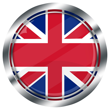 glossy round british flag button for web design with metallic border, illustration, white background, isolated,