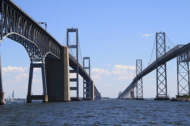 Chesapeake Bay Bridge at sunrise with boat