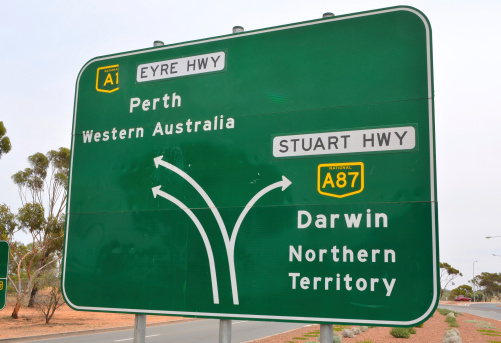 a road sign pointing to perth and darwin