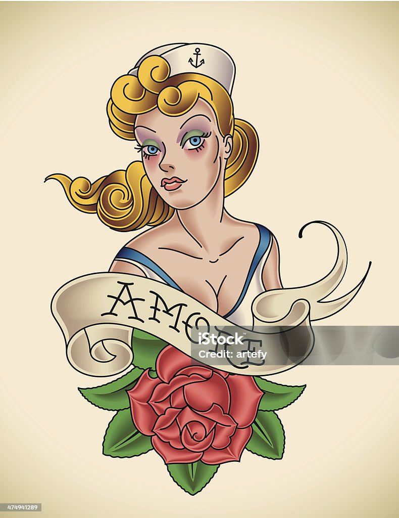 Rose of Amore Old-school Navy tattoo of a pinup lady with a red rose. Editable vector illustration. Sailor stock vector