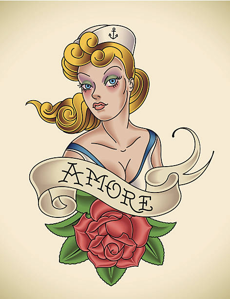 Rose of Amore Old-school Navy tattoo of a pinup lady with a red rose. Editable vector illustration. vintage pin up girl tattoo stock illustrations