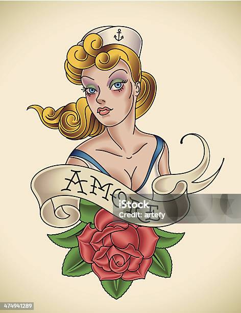 Rose Of Amore Stock Illustration - Download Image Now - Sailor, Tattoo, Pin-Up Girl