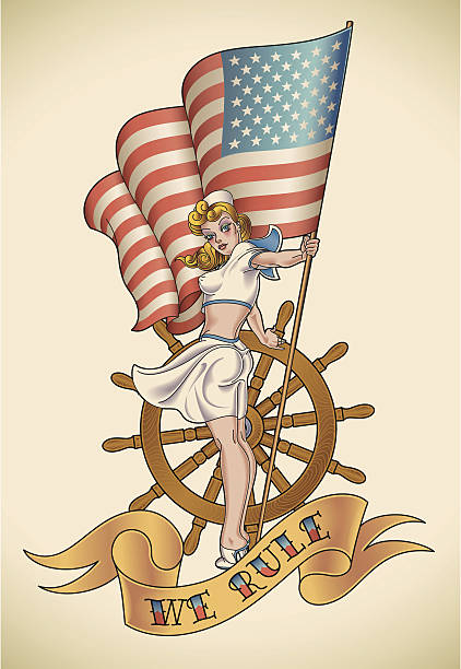 US Navy girl Old-school US NAVY tattoo of a pin-up lady with the flag in her hand. Editable vector illustration. vintage pin up girl tattoo stock illustrations