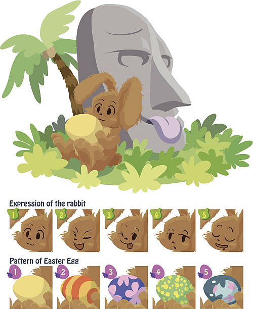 Easter in Easter Island Rabbit suffer Easter eggs sitting in front of the Moai of Easter Island. lop eared rabbit stock illustrations