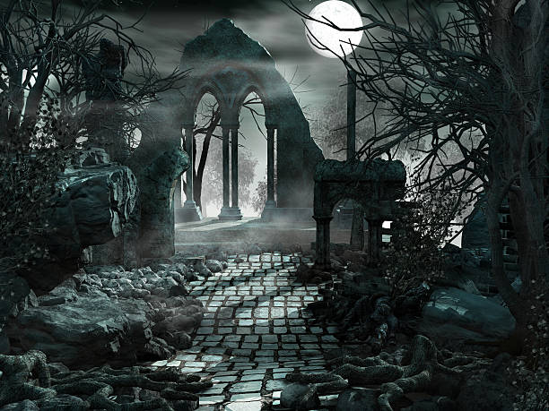 istock Night scenery with moon and ruins 474946004